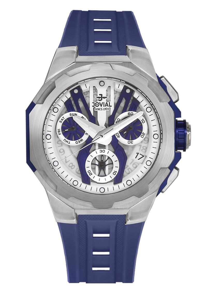 جوفيال ساعة جوفيال 1534GSRC51E متعددة الوظائف للرجال، تعرض اليوم والتاريخ، مينا أزرق، كوارتز، مطاط لطيف على البشرة، 43 مم - Image 1